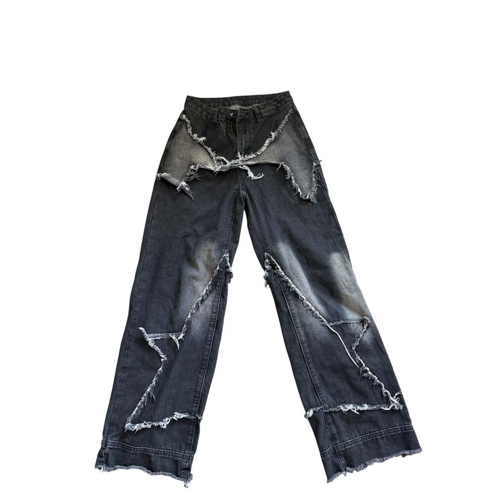 SHEIN Jeans Womens 27 Black Wide Leg Distressed Patchwork Y2K Grunge